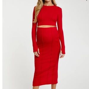 PinkBlush Red Exposed Seams Top and Skirt Maternity Set